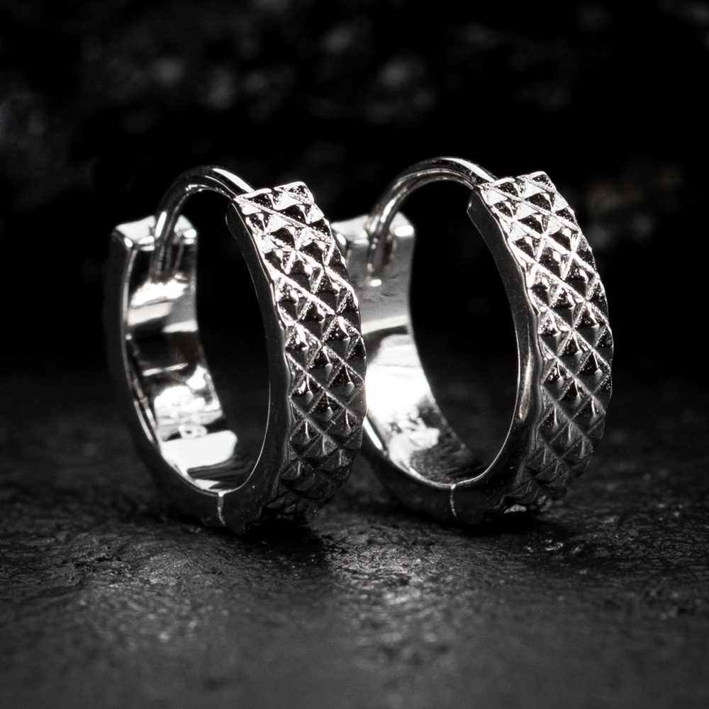 Solid White Gold Plated Sterling Silver Small Men's Diamond Cut Hoop Earrings